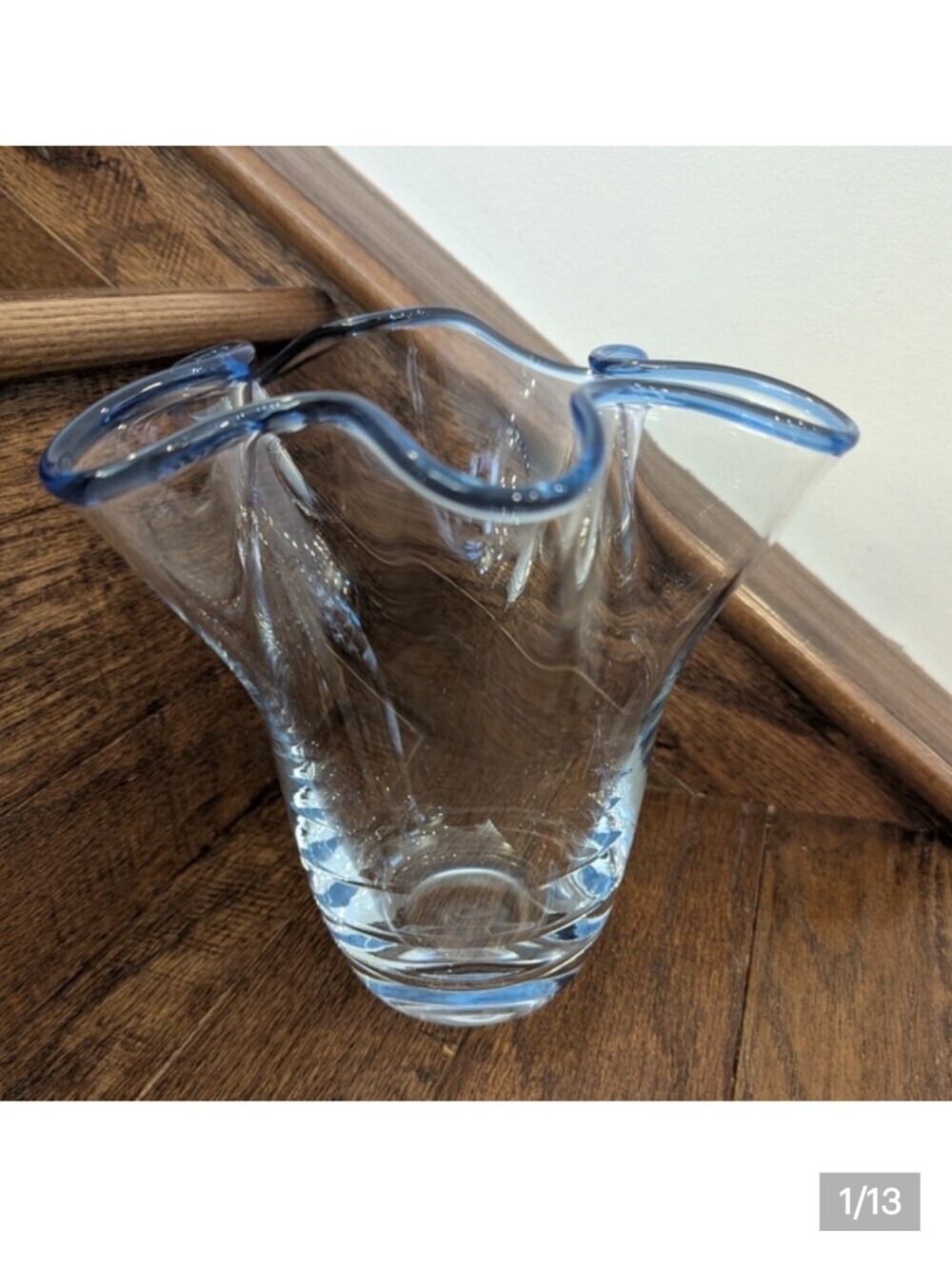 Vintage Blown Glass Handkerchief Vase with Indigo Blue Rim